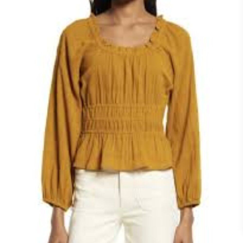 Madewell Sophia Cotton Textured Cropped Ruffle Mustard Gold Shirt Top Size Small